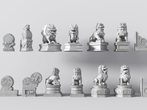  新中式中式抱鼓石 石狮子 石雕摆件 门枕石 柱础 柱子底座3d模型 