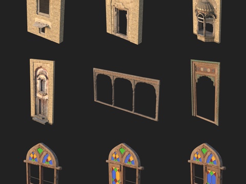  建筑构件石墙欧式门窗3d模型 