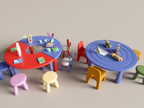  现代幼儿园桌椅 幼儿园玩具 儿童座椅组合 儿童手工桌 卡通桌3d模型 