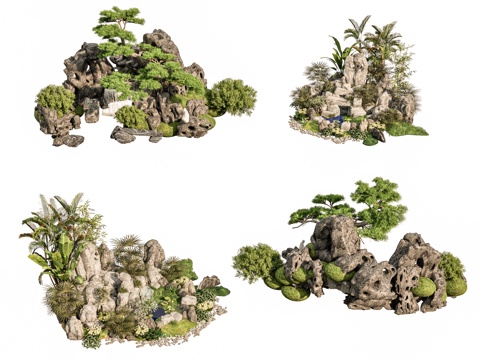  现代新中式假山 新中式庭院石头 庭院石头造景小品 石头岩石su模型 