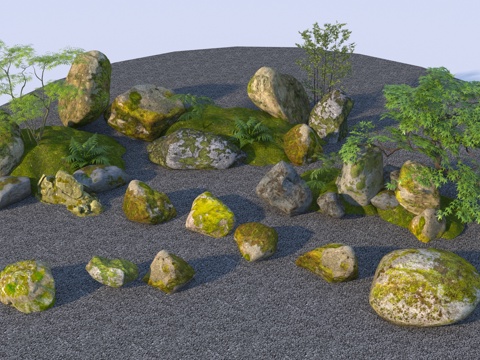  禅意日式石头 青苔苔藓石头组合3d模型 