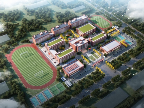  现代学校鸟瞰图  学校规划3d模型 