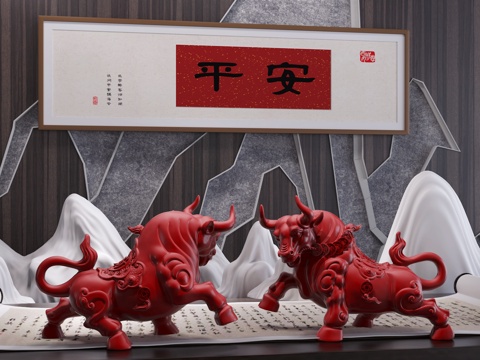  现代新中式招财牛雕塑艺术摆件3d模型 