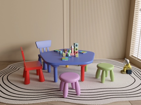  现代幼儿园桌椅 幼儿园玩具 儿童座椅组合 儿童手工桌 卡通桌3d模型 