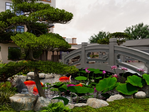  新中式鱼池 庭院景观 鱼池景观 小桥 荷花3d模型 