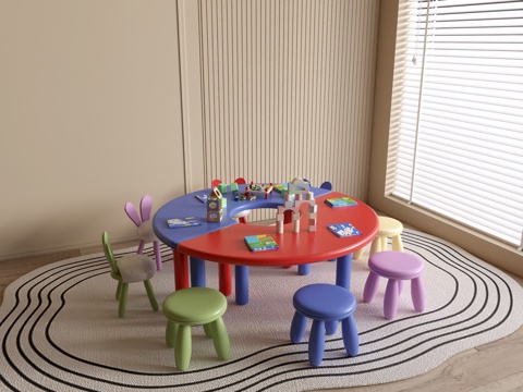  现代幼儿园桌椅 幼儿园玩具 儿童座椅组合 儿童手工桌 卡通桌3d模型 
