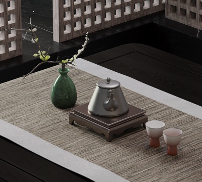  新中式茶具 茶壶 茶杯su模型 
