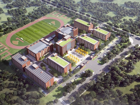  现代学校鸟瞰图  体育馆 图书馆3d模型 