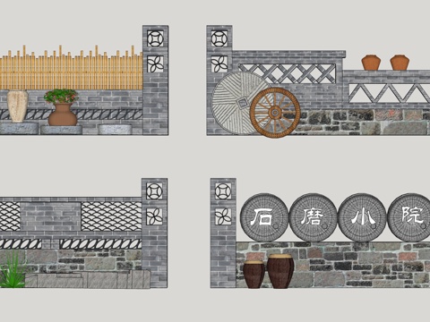  新中式乡村景墙 院墙 民俗景墙 毛石景墙 墙 直线 围墙su模型 