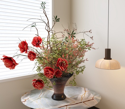  花瓶 中古花艺盆景 陶罐花瓶 干枝花艺 装饰摆件 花 现代花3d模型 
