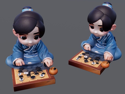  蓝色古装的下棋男孩su模型 