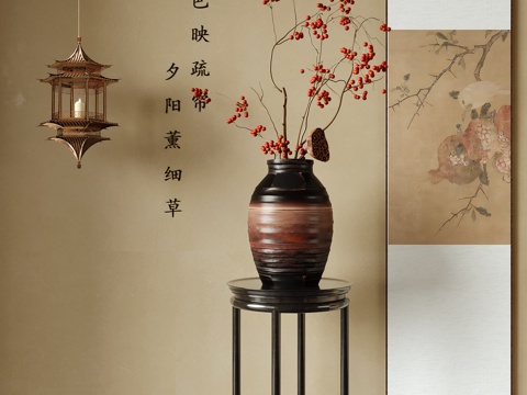  新中式花瓶花艺 挂画 插花花艺 吊灯3d模型 