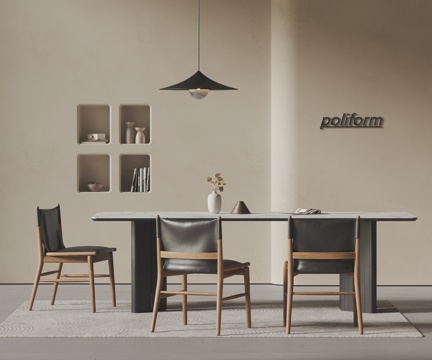  POLIFORM 现代餐桌椅 长方形餐桌 皮革餐椅 岩板餐桌3d模型 