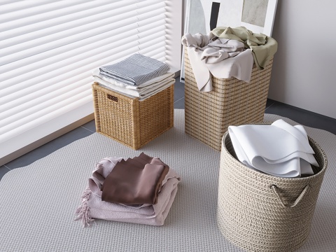 编织收纳筐收纳篮 衣服篓草编整理篮 储物箱衣物收纳盒3d模型 