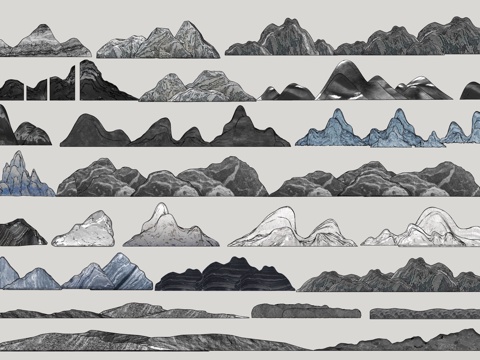  国潮山水假山 线条图案山头 假山山峰 线条山 山纹元素 山脉su模型 