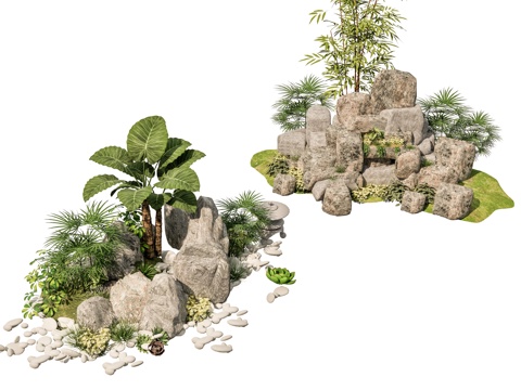  新中式现代假山 新中式庭院石头 庭院石头造景小品 石头岩石su模型 