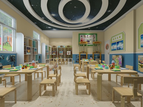  现代幼儿教室 桌子 椅子 柜子 玩具 挂画饰品3d模型 