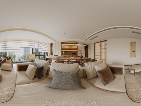 禅意新中式客餐厅全景 布艺沙发茶几组合 宋代美学 岛台餐桌椅
