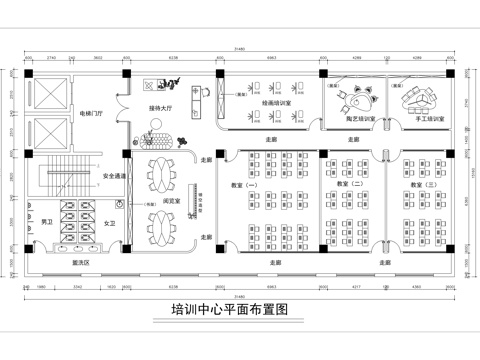  现代培训中心平面布置图cad施工图 