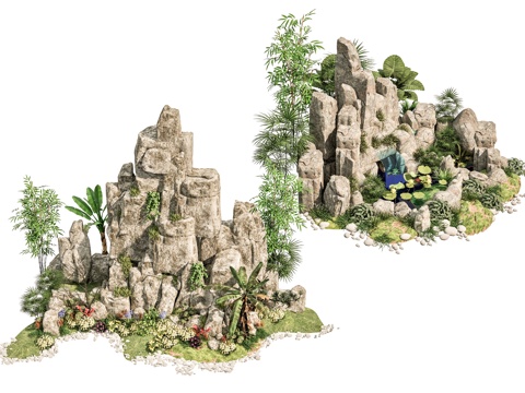  新中式现代假山 新中式庭院石头 庭院石头造景小品 石头岩石su模型 