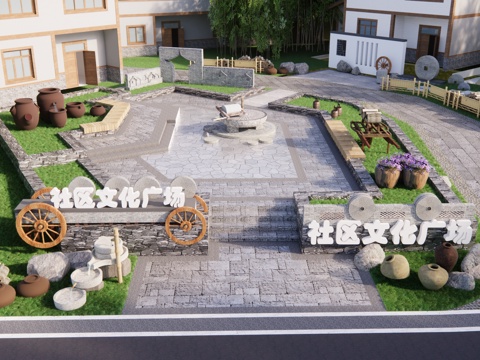  现代美丽乡村广场景观 社区活动广场 乡村文化建设 健身运动中su模型 