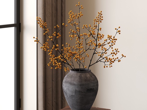  新中式花瓶花艺 干支 干花干果 黄浆果3d模型 