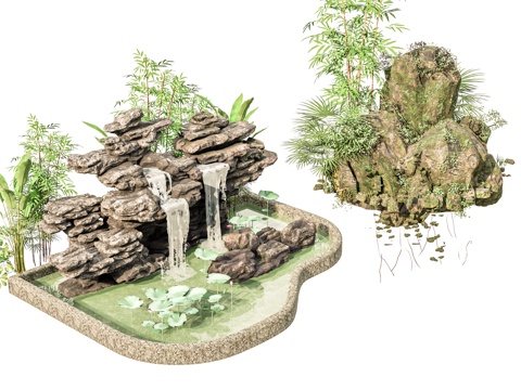 新中式现代假山 新中式庭院石头 庭院石头造景小品 石头岩石su模型 