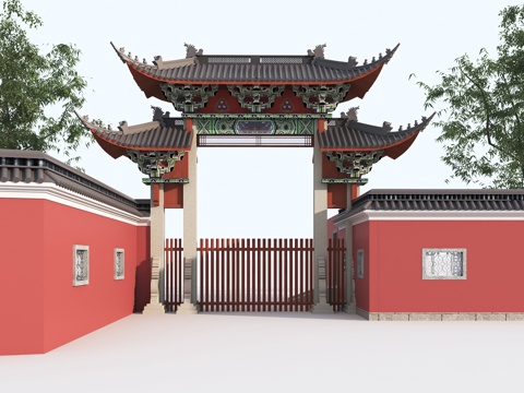  中式古建 彩绘古建 古建门头 彩绘牌坊su模型 