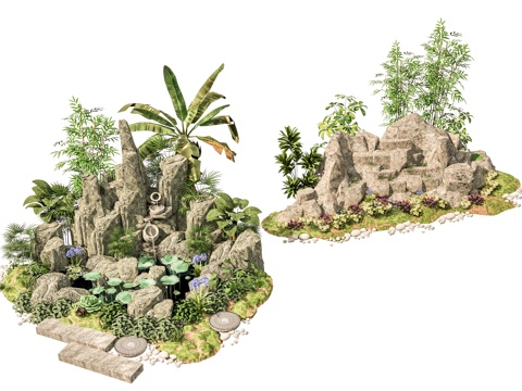  新中式现代假山 新中式庭院石头 庭院石头造景小品 石头岩石su模型 