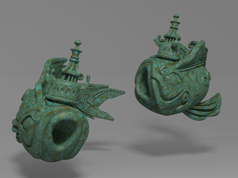  鲤鱼龙鱼三星堆 古代文物 青铜器摆件 卡通风格 摆件饰品 动3d模型 