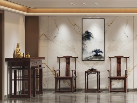  新中式神龛 太师椅 观音菩萨 神像 边几 角几 神台3d模型 
