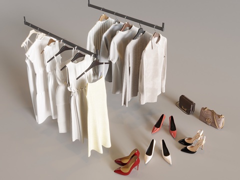  衣服衬衣连衣裙 晾衣挂衣杆衣服撑 高跟鞋皮鞋包包3d模型 