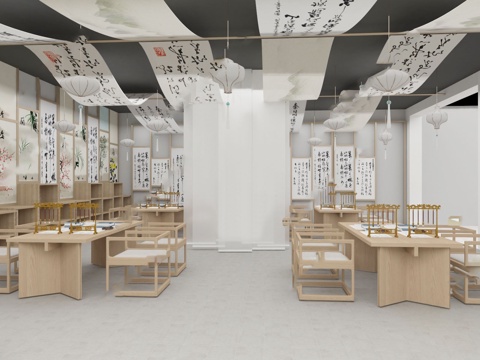  新中式文化展厅 现代书法展厅su模型 