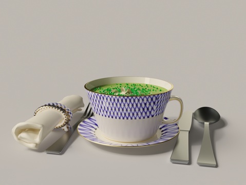  现代瓷器 餐具 汤碗  刀叉 餐巾3d模型 