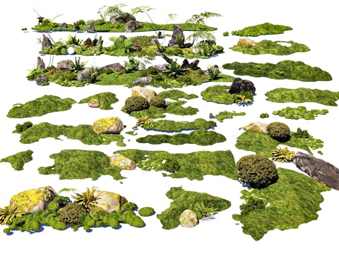  新中式现代微地形 庭院小品 微地形 苔藓 景观石头 景观造景3d模型 