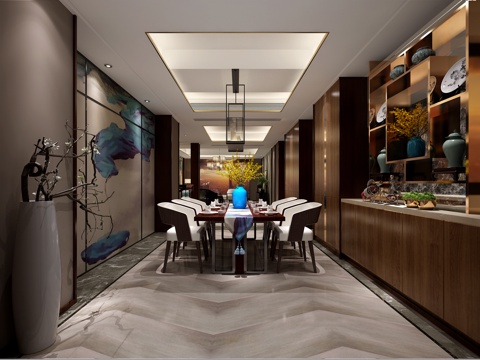  新中式客餐厅 餐桌椅 吊灯3d模型 