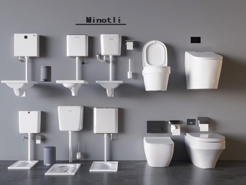  储水式蹲便器厕纸 智能马桶垃圾桶 马桶刷蹲便池3d模型 
