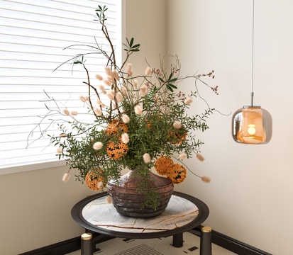  花瓶 中古花艺盆景 陶罐花瓶 干枝花艺 装饰摆件 花瓶花艺su模型 