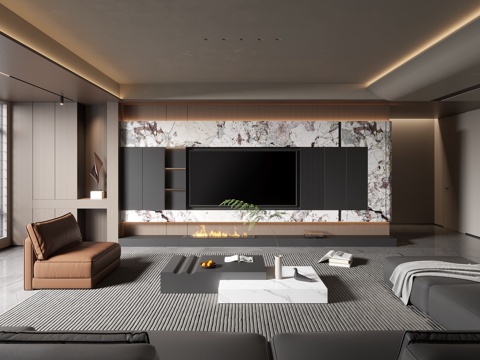  现代意式客厅电视背景3d模型 