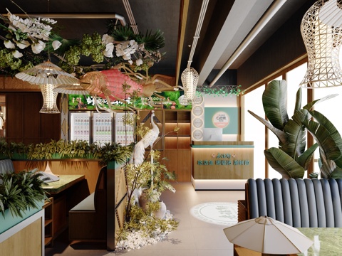  云南自然风格植物餐厅 餐厅前台 卡座3d模型 