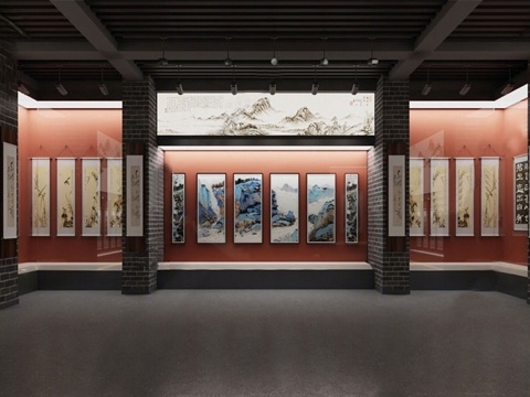  中式书画文化展厅 装饰画 艺术展厅su模型 