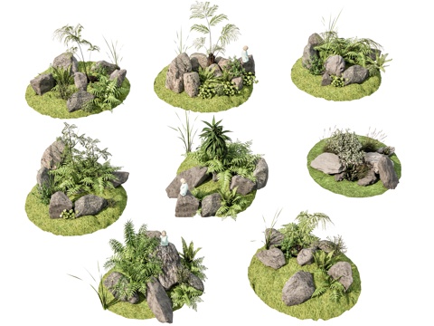  现代新中式庭院小品 新中式庭院石头 庭园植物造景 石块碎石岩su模型 