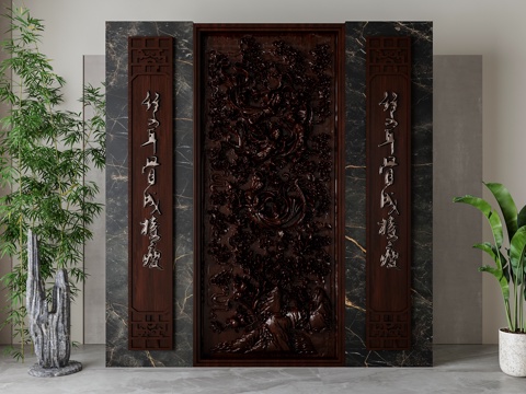  新中式背景墙3d模型 