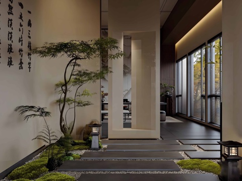  新中式茶馆 茶馆入门景观 景观小品 室内景观造景 茶室景观su模型 