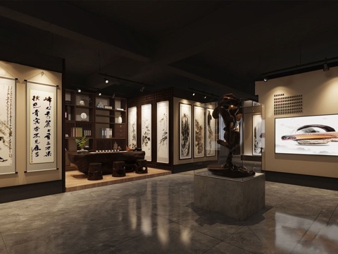  中式书画文化展厅 装饰画 艺术展厅su模型 