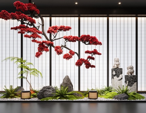 新中式室内景观造景 景观造景 景观小品 倒挂松树3d模型 