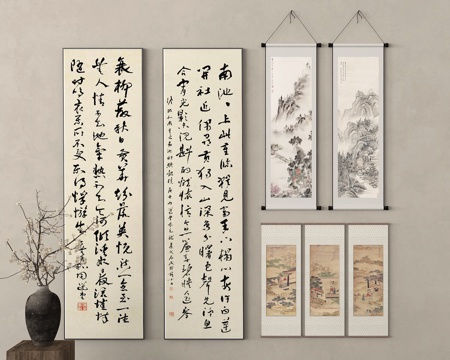  中式挂画 水墨画 书法字画 卷轴画组合 花瓶花艺3d模型 