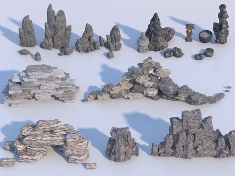  现代石头假山景观3d模型 