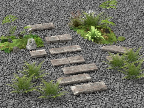  青石板 石板铺路 汀步小品 碎石 植物堆3d模型 