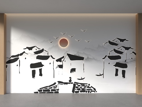  中式瓦片背景墙 马头墙背景墙 徽派建筑背景墙 中式格栅背景墙su模型 
